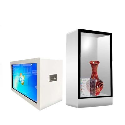 Vitrine LCD Transparente de 55 polegadas com resolução de 1920x1080 e gabinete de tela sensível ao toque de 10 pontos