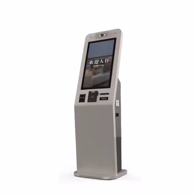 Quiosque de autoatendimento com tela sensível ao toque e sistema integrado de emissão de cartões de desordem, aceitador de dinheiro e interface multilíngue