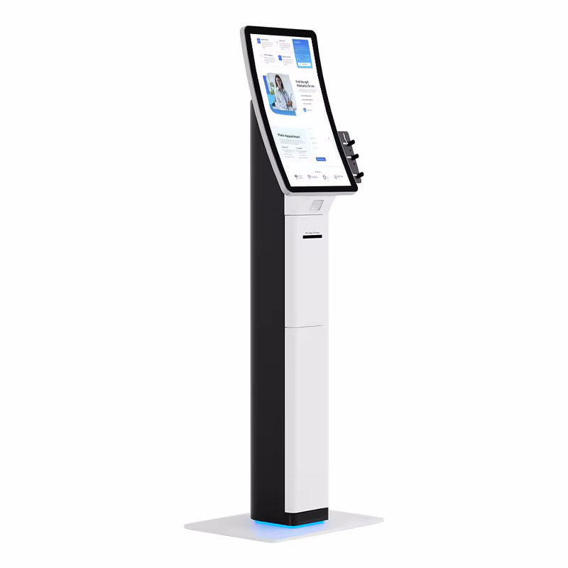 Quiosque POS elegante com scanner de código de barras e impressora de recibos para autoatendimento simplificado